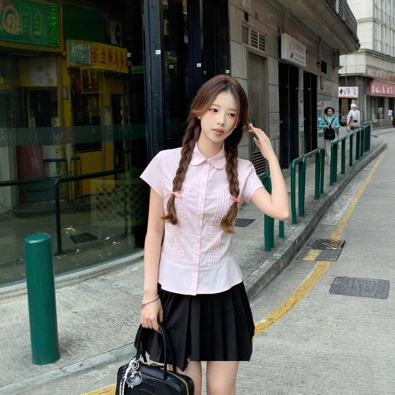 韓国の甘いピンクの女性用半袖シャツ 2025 年夏の新しいルーズカジュアルウエスト多用途の小さなフライングスリーブトップ|undefined