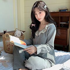 带胸垫睡衣女秋冬季新款保暖长袖羊绒蚕丝韩系甜美少女家居服套装