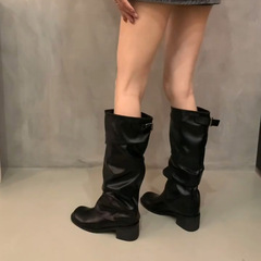 牛皮版~圆头复古褶皱堆堆骑士靴女真皮粗跟长筒靴子不过膝裤管靴