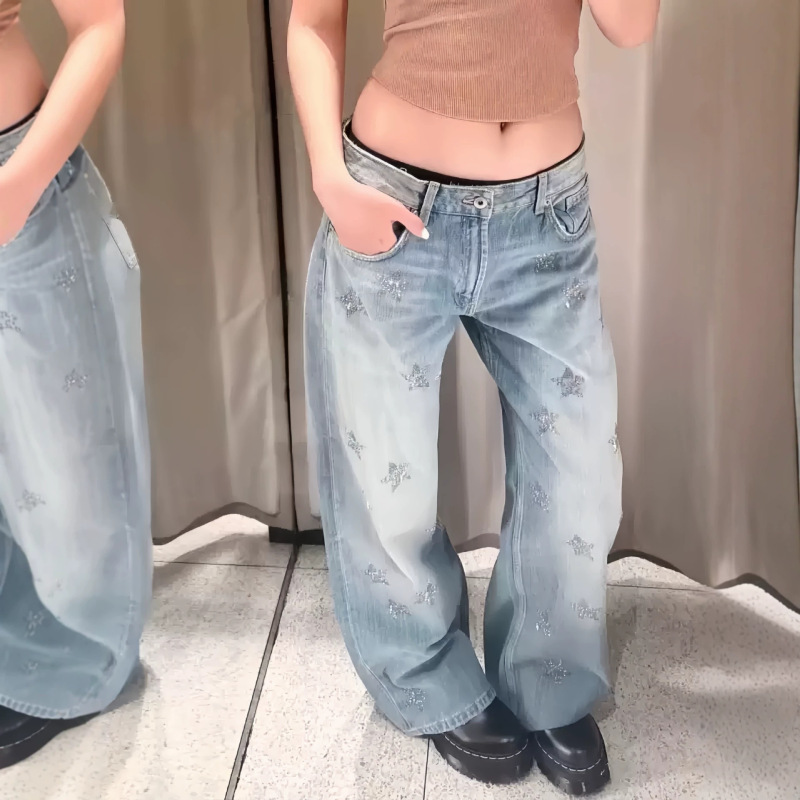 Boyfriend-Style Casual Washed and Distressed Loose Low-Waist Star-Studded Wide-Leg Jeans 4730012
