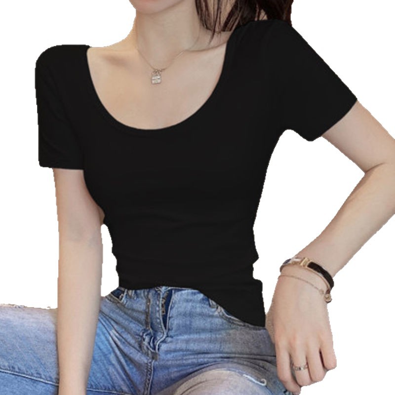 Camiseta blanca para mujer, manga corta, cuello en U, nuevo estilo de verano 2025, escote bajo, top delgado y ajustado, camiseta básica ajustada.