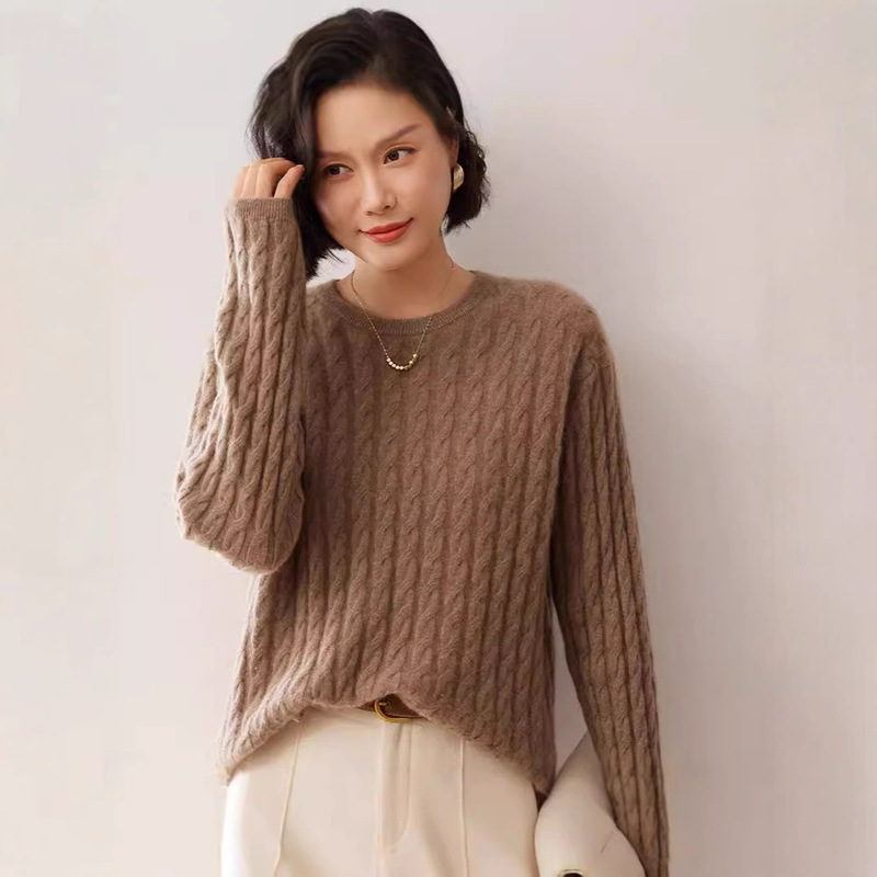 Twist New Round Neck Cashmere Women's Loose Retro Long-Sleeved Twist Pullover Knitwear Pure Color Knitwear