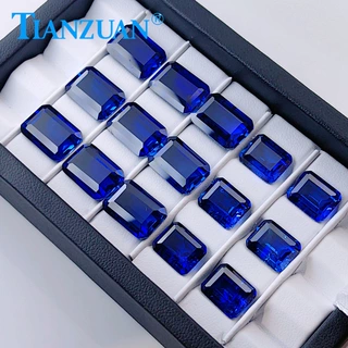 人工培育合成皇家蓝宝石长方倒角祖母绿切工 合成蓝宝石带棉絮的