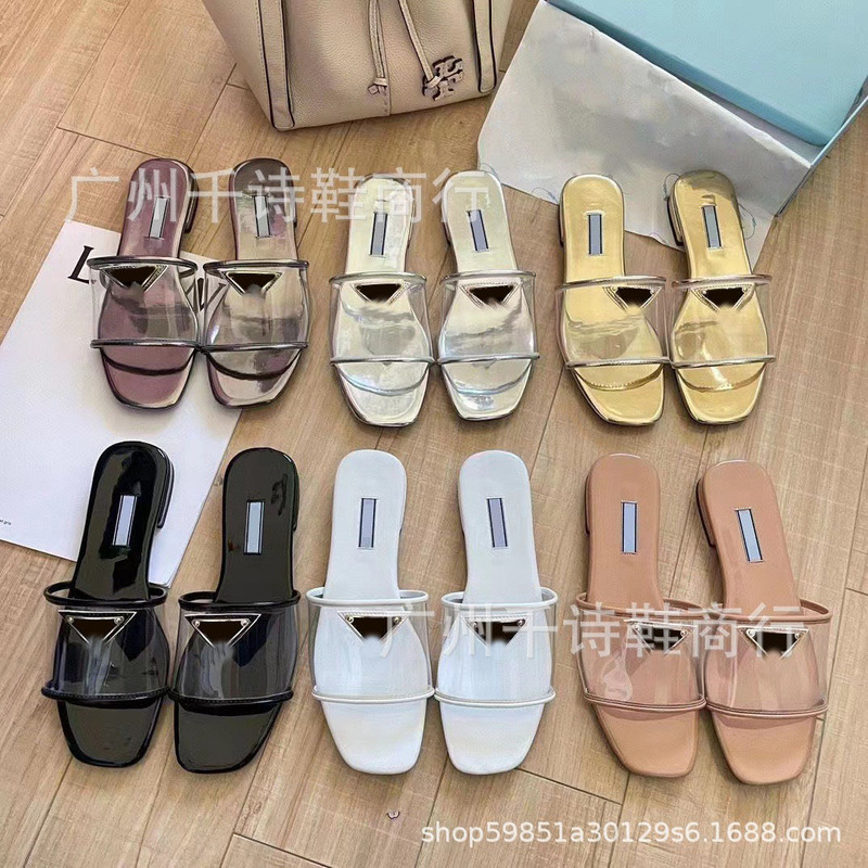 High Version Iron Sheet Slippers for Women with Triangular Logo, Transparent Glass Film, Open Toe, Simple Elegant, Summer Cool Outer Wear