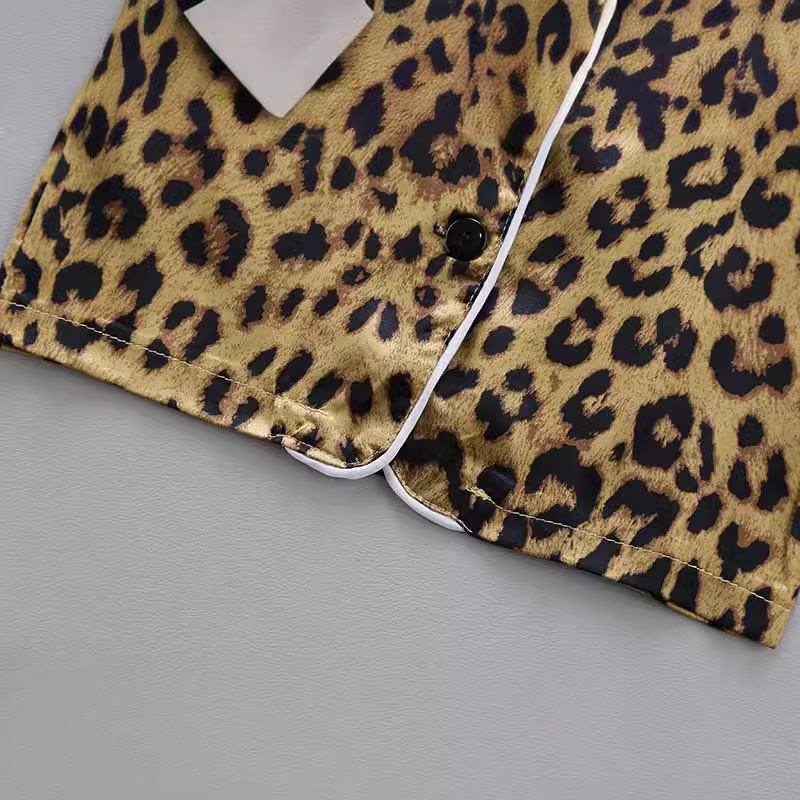 Leopard Print Children's Homewear Flame Retardant Spring Summer Short Sleeve Ice Silk Pajamas With Pants For Kids_voghion.com
