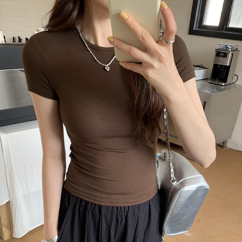 Real Photos of Gray Short-Sleeve Women's Spring/Summer 2026 New Style Simple Straight-Shoulder Slim-Fit Fashion T-Shirt for Petite Women Real Photos of Gray Short-Sleeve Women's Spring/Summer 2026 New Style Simple Straight-Shoulder Slim-Fit Fashion T-Shirt for Petite Women