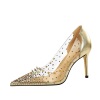 European and American Style Sexy metal rivet thin heel high heel shallow mouth pointed transparent diamond splicing holl