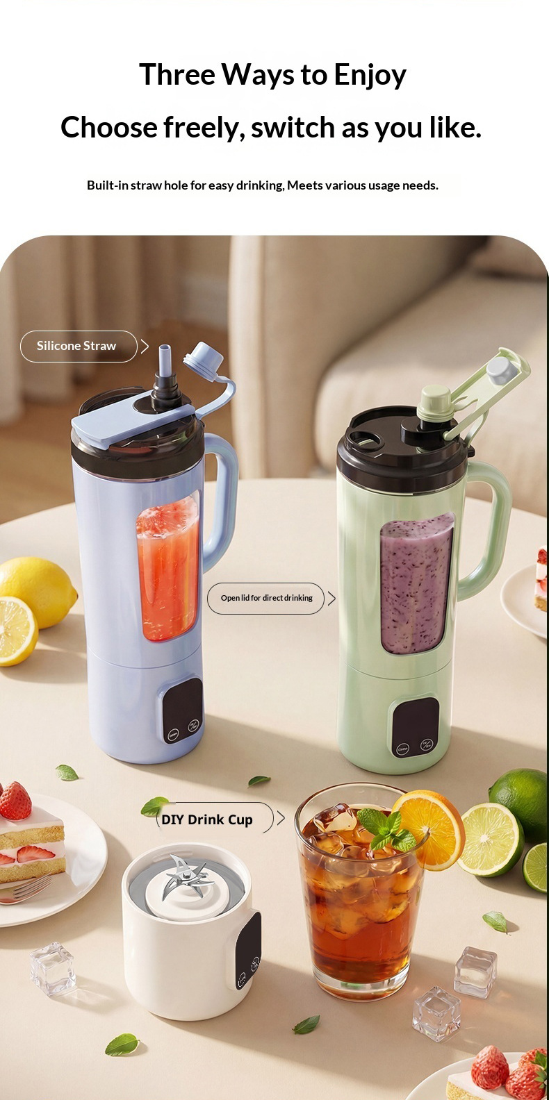 Tragbarer Entsafter mit Touchscreen-Display, USB-Ladung, tragbarer Smoothie-Mixer für Zuhause, 8-Messer-Schneidwerk, Eiskrusher-Funktion
