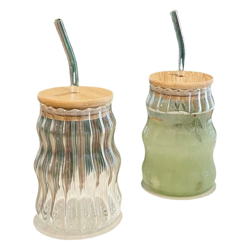 Borosilicato de vidrio a rayas Caterpillar taza de paja taza de café de leche de alta apariencia con tapa y taza de jugo de paja