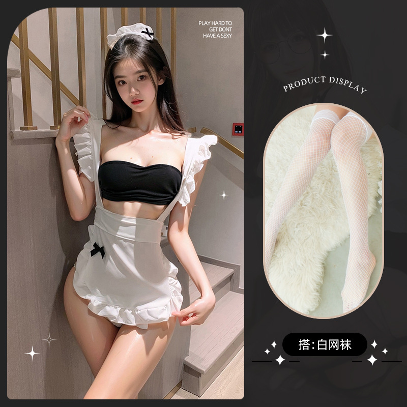 메이드복 [머리띠+긴팔탑+T바지+옷]+흰색 망사스타킹