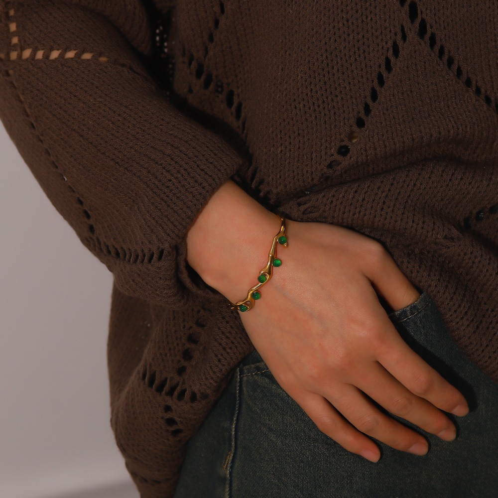 Retro Geometric Stainless Steel Plating Natural Stone Bangle 1 Piece