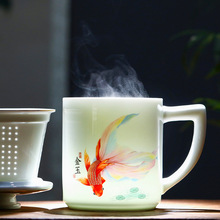 景德镇大容量陶瓷杯子粉彩花鸟直身杯带盖茶水分离茶杯金边过滤杯