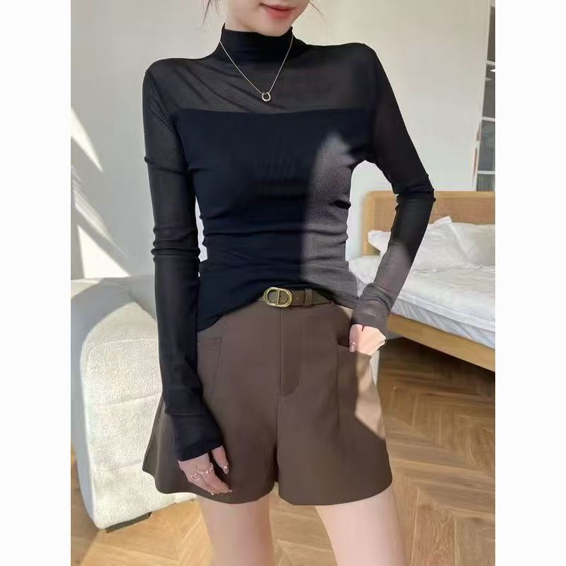 复古网纱打底衫港风半高领气质减龄长袖女蕾丝拼接时尚高级感上衣|undefined