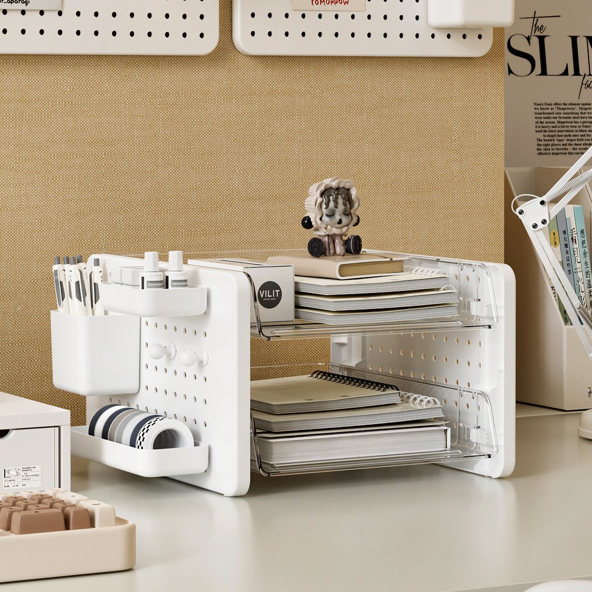 Estante de papelería y cosméticos de la Caja de almacenamiento de la placa de agujero de la mesa, estante de organización de documentos de artefactos de la estación de trabajo de la Oficina del escritorio