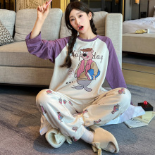 睡衣贴身睡觉穿女款春秋季纯棉长袖长裤圆领小个子品牌家居服套装