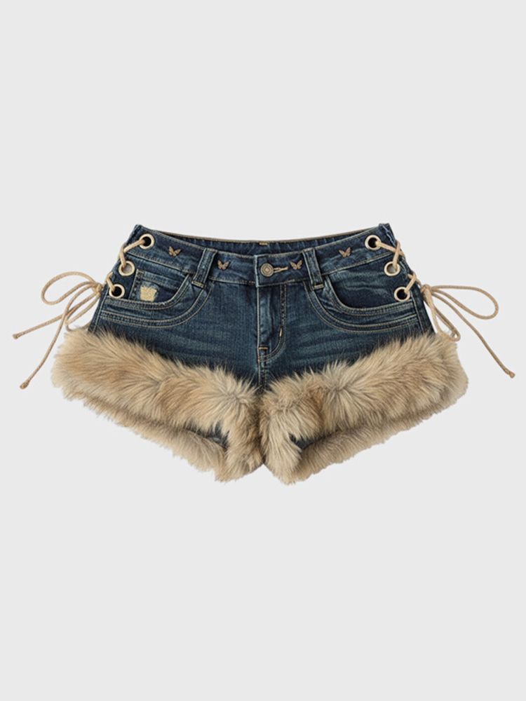 Low-Rise Denim Shorts For Women, Y2K Vintage Frayed Hem Distressed Shorts With Faux Fur Accent, High-Waist Contrast Styling_ecoleips.com