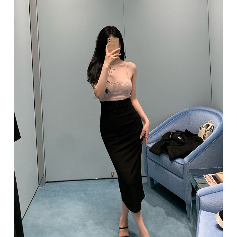 New Style Gold Sequin Mid-Length Dress for Women, Color-Blocking, Slim-Fitting, Bodycon Dress with a Designer Feel, Elegant Gown