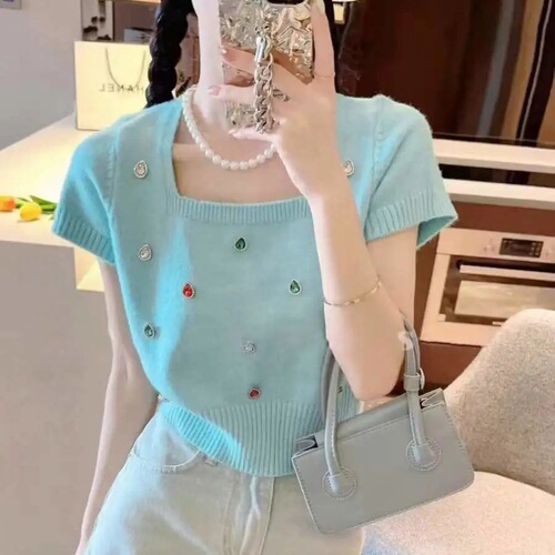 Sleek, sultry, and sweet—this chic, uniquely designed knit short-sleeve T-shirt features a bold square neckline, perfect for summer vibes and effortlessly eye-catching style.