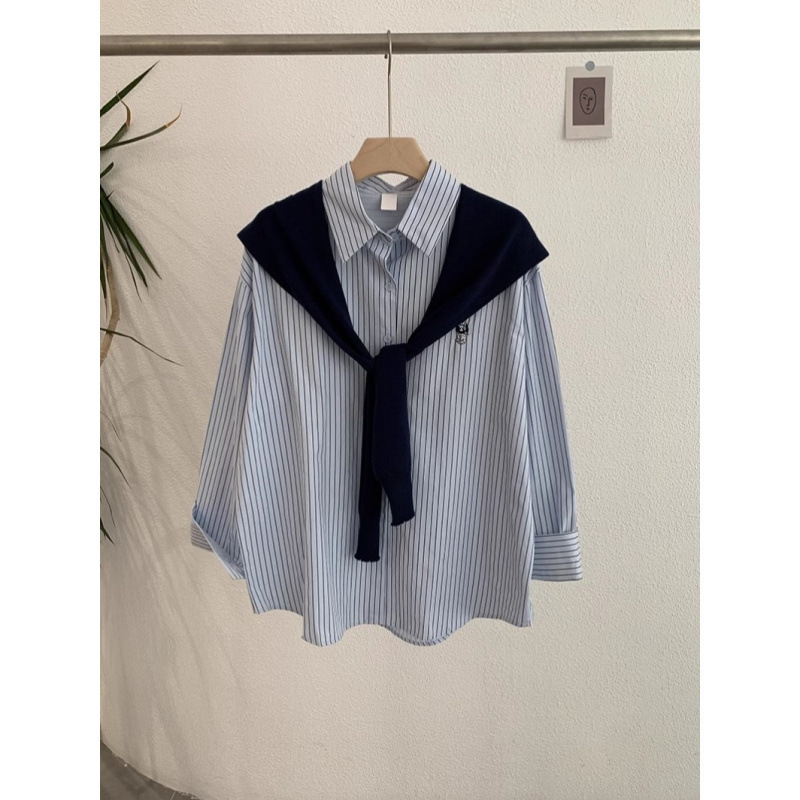 2024 Early Autumn Embroidered Bear Lapel Single-Breasted Long Sleeve Mid-Length Shirt + Knitted Shawl Two-Piece Set for Women