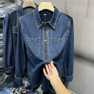 韩版港风垂感牛仔衬衫女长袖2023春季新款内搭叠穿复古外套上衣潮