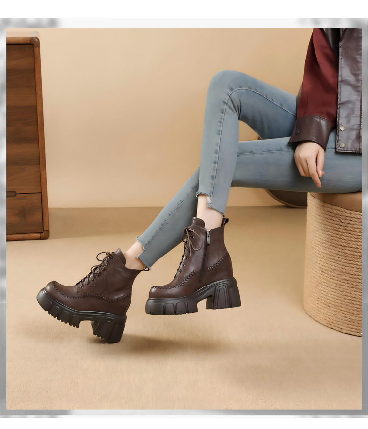 Boot nữ da thật cổ cao ôm bắp chân, đế dày 10 cm, phong cách cổ điển — Lớp lót nhung đen chi tiết 6
