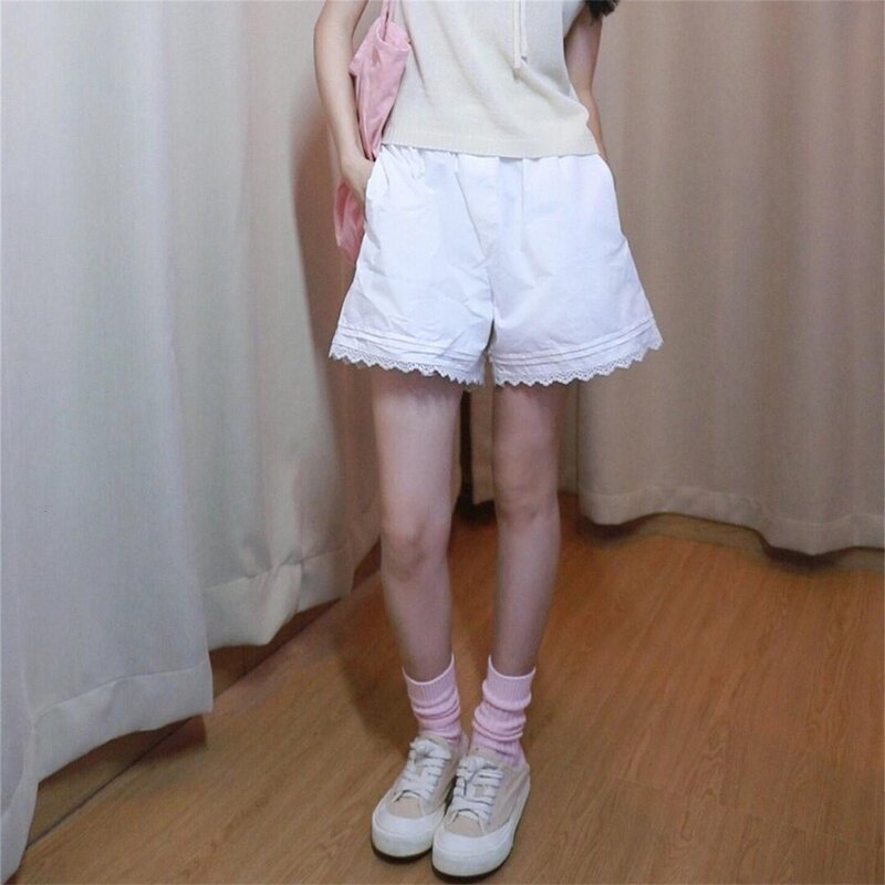 Korean-Style White Lace Trim Casual Pants for Women, New Summer Style, Petite Five-Point Cycling Shorts, Versatile Wide-Leg Shorts