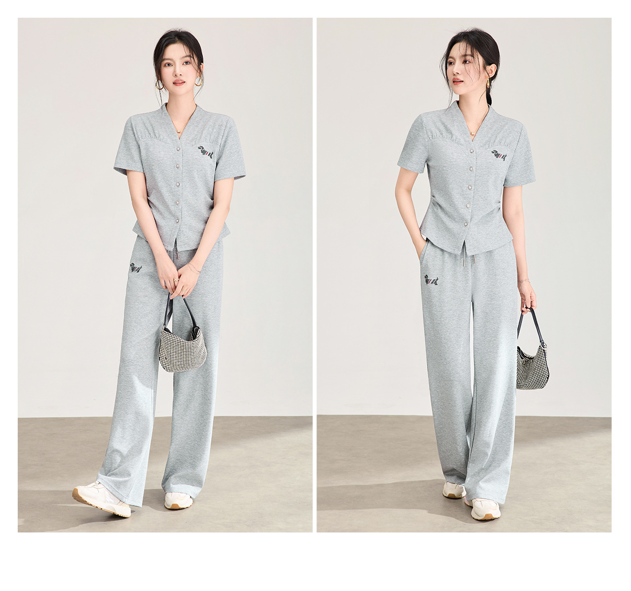 Bộ thể thao nữ mùa hè áo thun cổ tròn tay ngắn + quần ống rộng cao cấp — màu xanh navy chi tiết 20