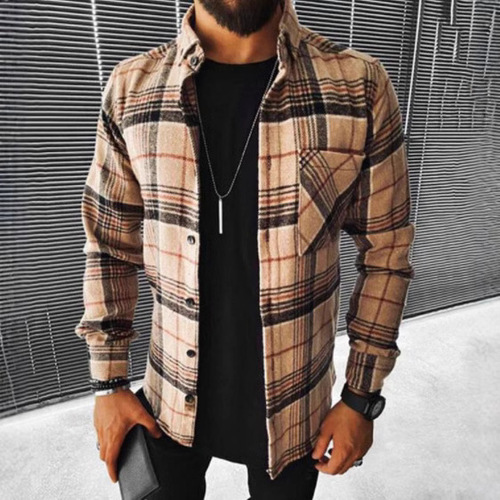 Autumn/Winter Men's Clothing Men's Shirt Striped Pocket Long-Sleeve Shirt