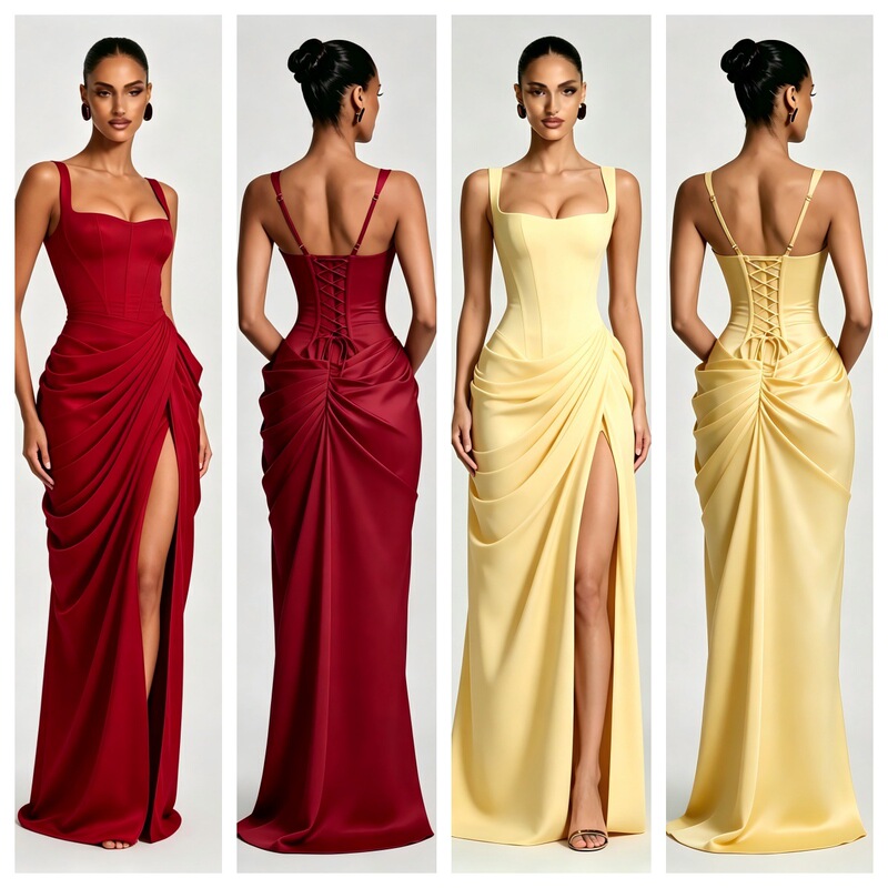 European and American style formal dress with square neckline, wide shoulder straps, slim fit, ruched side slit, long length, slimming effect, suitable for annual parties and evening banquets