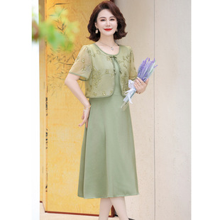 Mom's Summer Short-Sleeved Dress, New Chinese Style Middle-Aged and Elderly Women's Clothing, Fake Two-Piece Chinese Style Printed Long Skirt