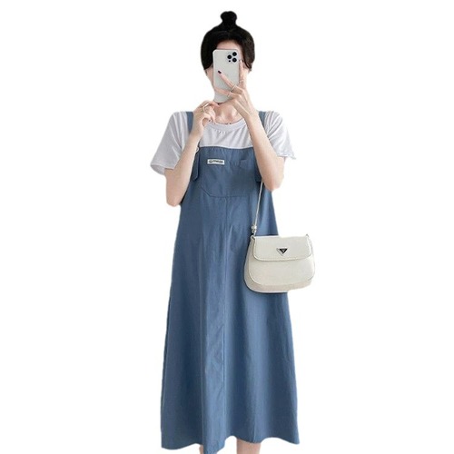 Maternity Summer Dress Fashionable Loose-Fitting Mid-Length Suspender Skirt with Fake Two-Piece Splicing Design