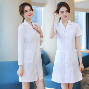 White Coat Female Long-Sleeved Doctor Uniform Nurse Uniform Summer Short-Sleeved Lab Coat Beauty Salon Tattoo Artist Pharmacy Work Clothes