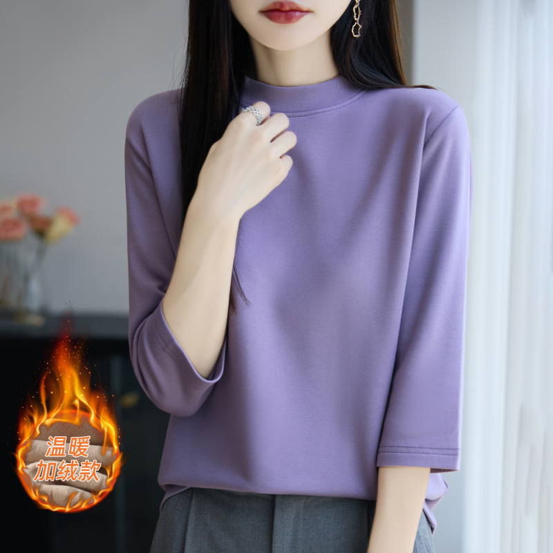 2025年早秋新款棉线半高领针织衫七分袖女磨毛纯色宽松打底衫上衣|undefined