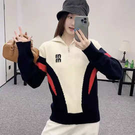 秋冬毛衣打底衫女新款高领拼色字母刺绣半拉链开襟套头针织衫上衣