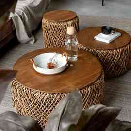 进口手工藤编织茶几桌组合圆形客厅家用可收纳东南亚风格柚木家具