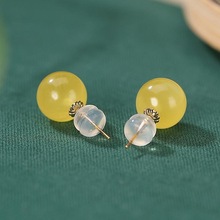 原石蜜蜡耳环耳钉S925镶嵌原石圆珠鸡油黄耳饰女款俄罗斯琥珀耳饰