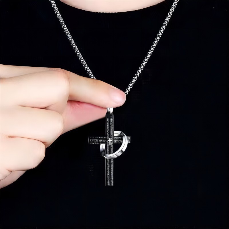 跨境新款欧美字母十字架项链圆环钛钢项链嘻哈不锈钢吊坠男女款