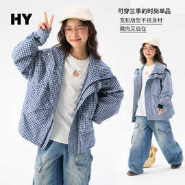 童装儿童外套春秋款2026新款洋气女童格子连帽夹克中大童上衣春季
