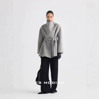 ES MODISH 冬季新品轻奢高级感大翻立领系带交叉门襟宽松羊毛外套