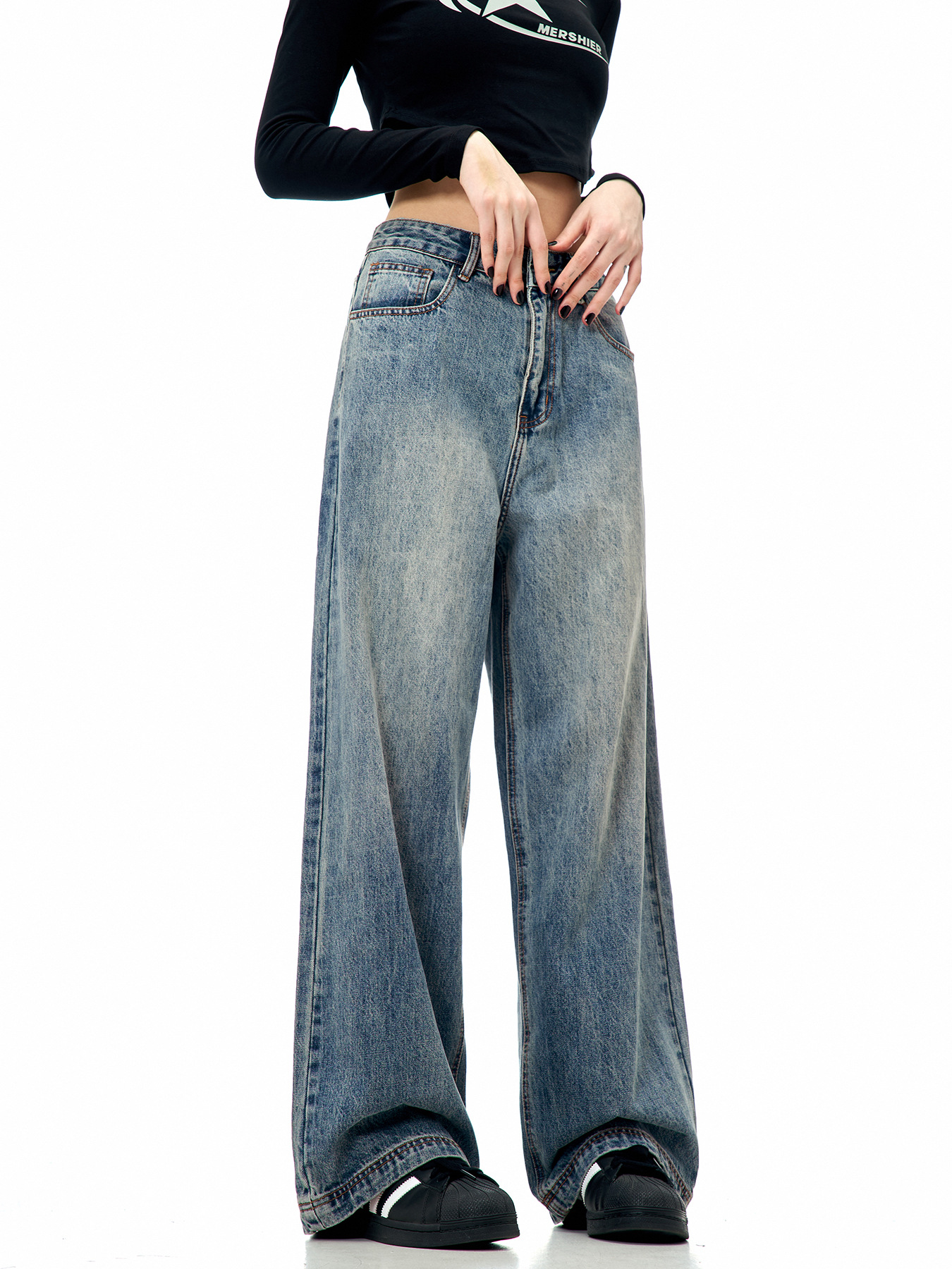 11KN Vaqueros de pierna recta azules retro americanos para hombres y mujeres, pantalones de pierna ancha informales, holgados, versátiles, modernos, sencillos y limpios