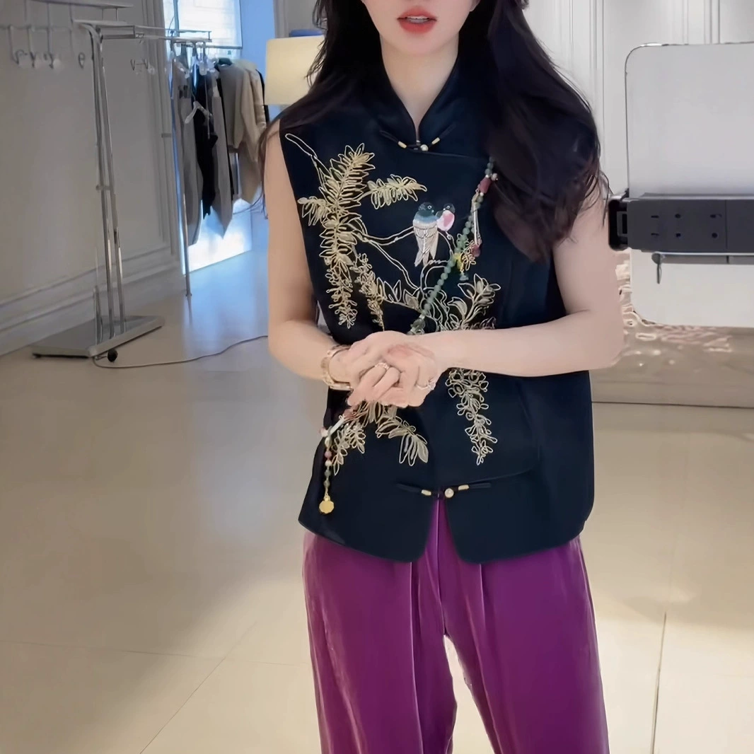 Ацетатный жилет с цветочной и птичьей вышивкой золотой нитью, оригинальный улучшенный жилет на пуговицах в национальном стиле в новом китайском стиле в стиле ретро.