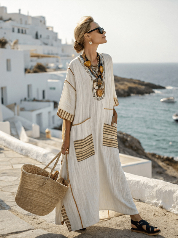 Cross-Border Amazon European and American Cross-Border 3D Digital Printing V Neck Five-Quarter Sleeve Long Patch Pocket Kaftan Dress