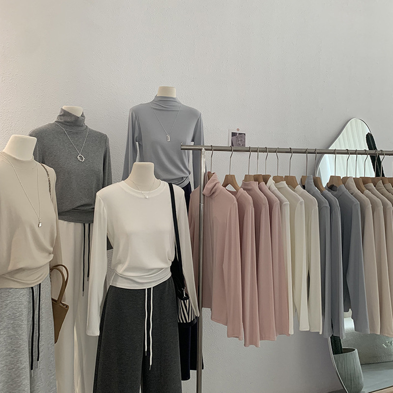 欧玛莱 早秋百搭新品堆堆领纯色正肩长袖内搭打底衫T恤上衣女4161