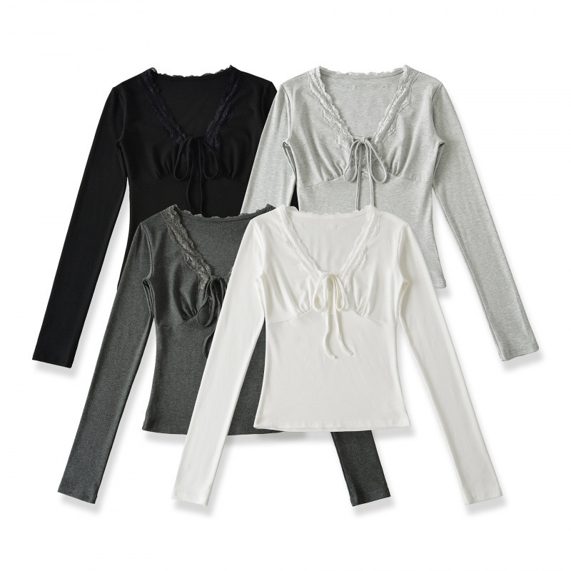 Lace-Trimmed V-Neck Tie Long-Sleeve Top for Women, Autumn Pure Desire Slim-Fit Waist-Cinching Base Shirt Top