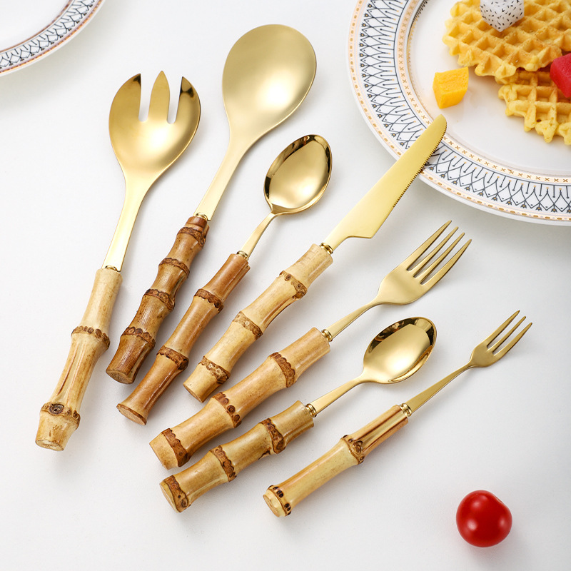 Cross Border Stainless Steel Natural Bamboo Tableware 7 Pieces suit Knife and Fork Spoon Cake Dessert Spoon Creative Wood Bamboo Handle Spoon Cross Border Stainless Steel Natural Bamboo Tableware 7 Pieces suit Knife and Fork Spoon Cake Dessert Spoon Creative Wood Bamboo Handle Spoon