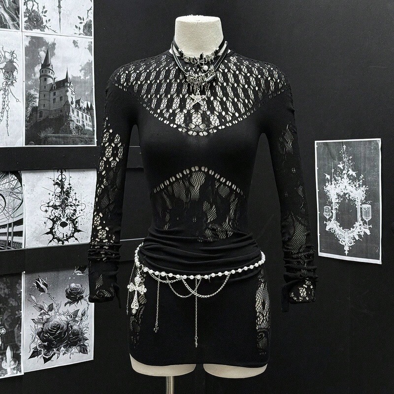Gothic Style Black Hollow-Out Fishnet Long-Sleeve Bodysuit, Slim-Fitting, Sexy, See-Through, Dark-Themed Lingerie, in Stock for Wholesale