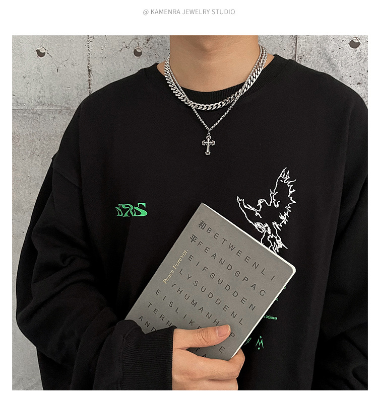 New Hot INS Dark Wind Cross Pendant Hip Hop Personality Double Layer Design Titanium Steel Necklace Men's Chain Sweater_voghion.com