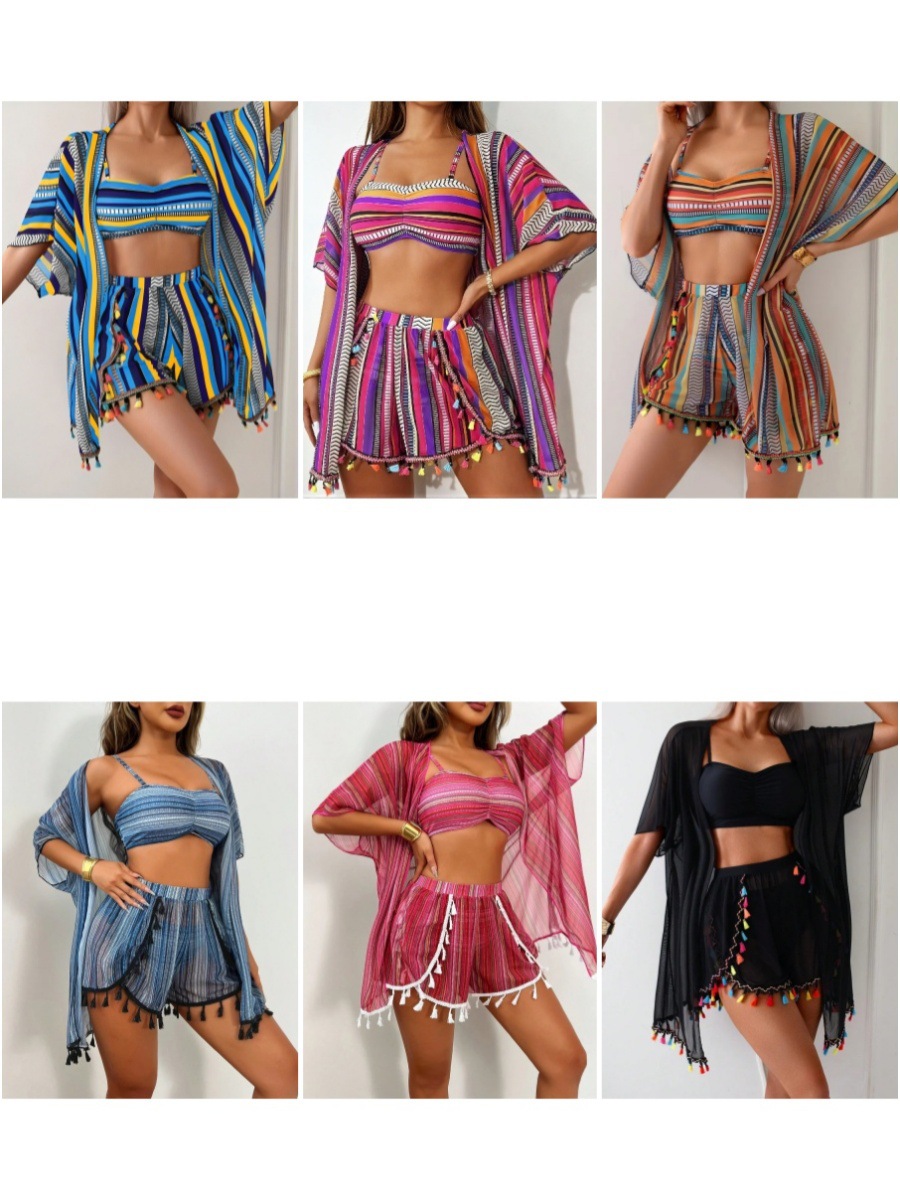 2025 Bikini Four-Piece Set European and American Middle Eastern Cross-Border Sun Protection Cover-Up Sexy Tassel Swimsuit Set Quick-Drying