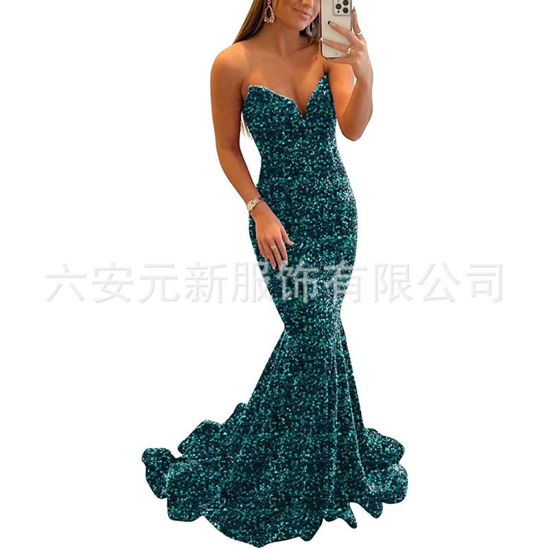 Europeo y americano Comercio exterior Amazon nuevo lentejuelas fishtail sexy V-cuello adelgazamiento largo banquete bola fiesta vestido de noche image 18