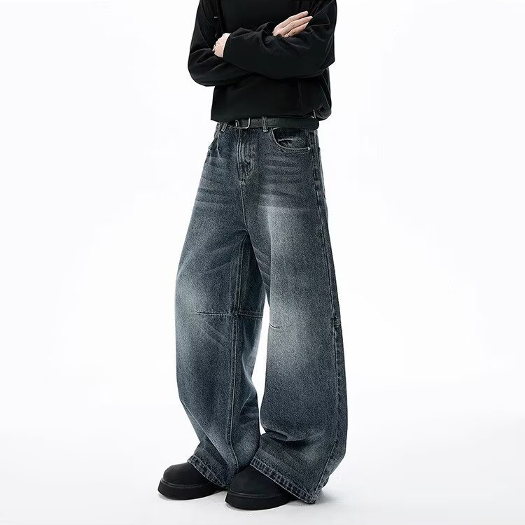 Unisex Retro Minimalist Wide Leg Jeans Blue Grey Stylish Straight Leg Drape Trendy Men's Clothing Denim_mkmklike.com